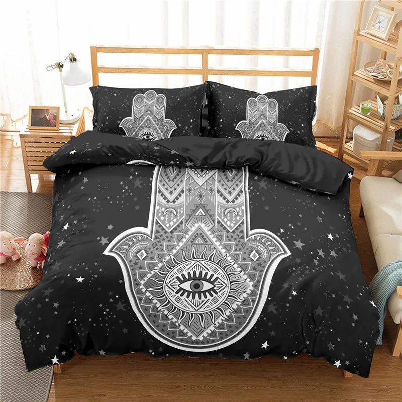 Hamsa Hand Duvet Cover Set Microfiber Golden Lucky Hand Of Fatima Bohemian Quilt Cover Black Gold Bedding Set Queen Room Decor 