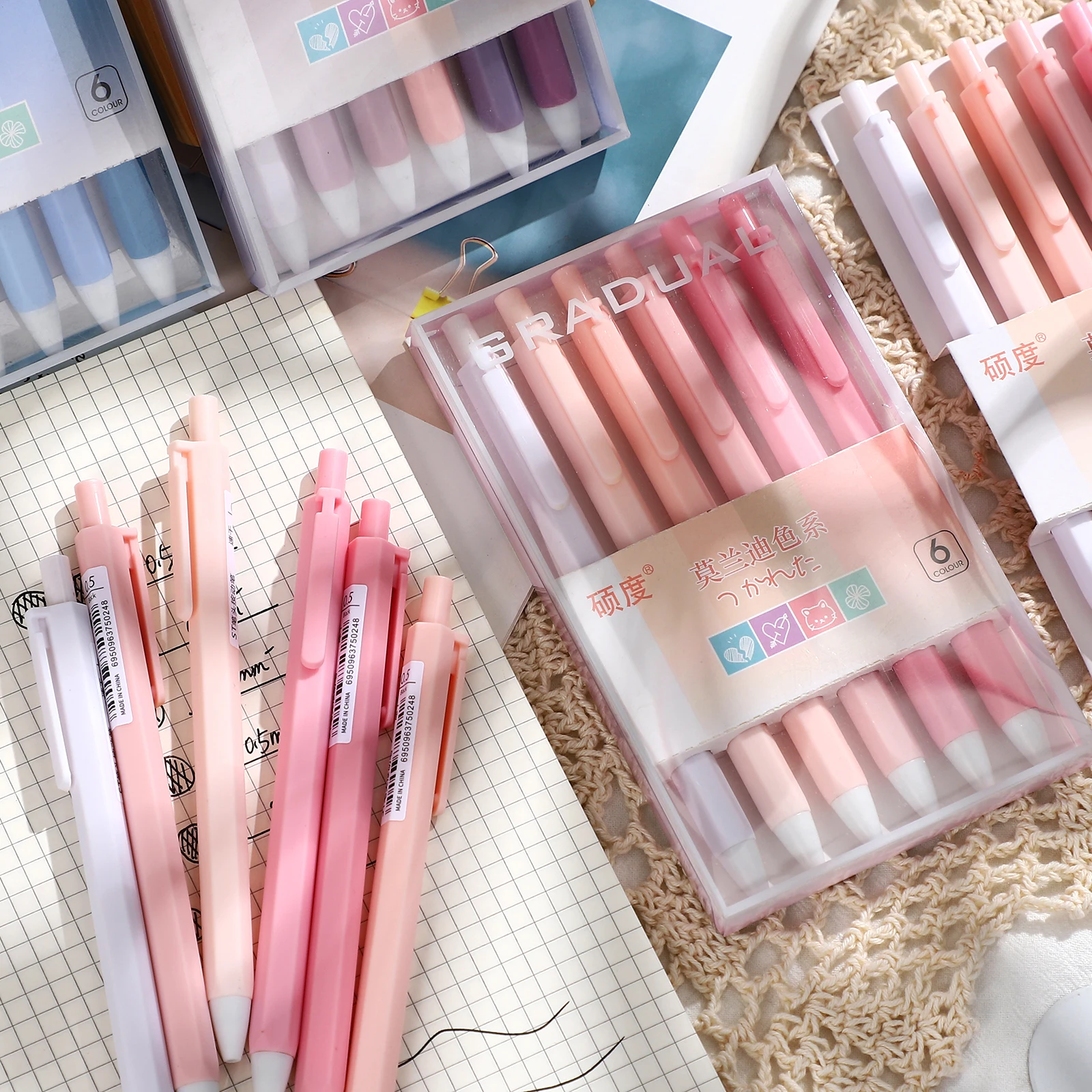 

6Pcs/Set Cute Morandi Color Press Gel Pen ST Nib 0.5mm Black Ink Office Signature Pen Student Kawaii Stationery Writing Supplies