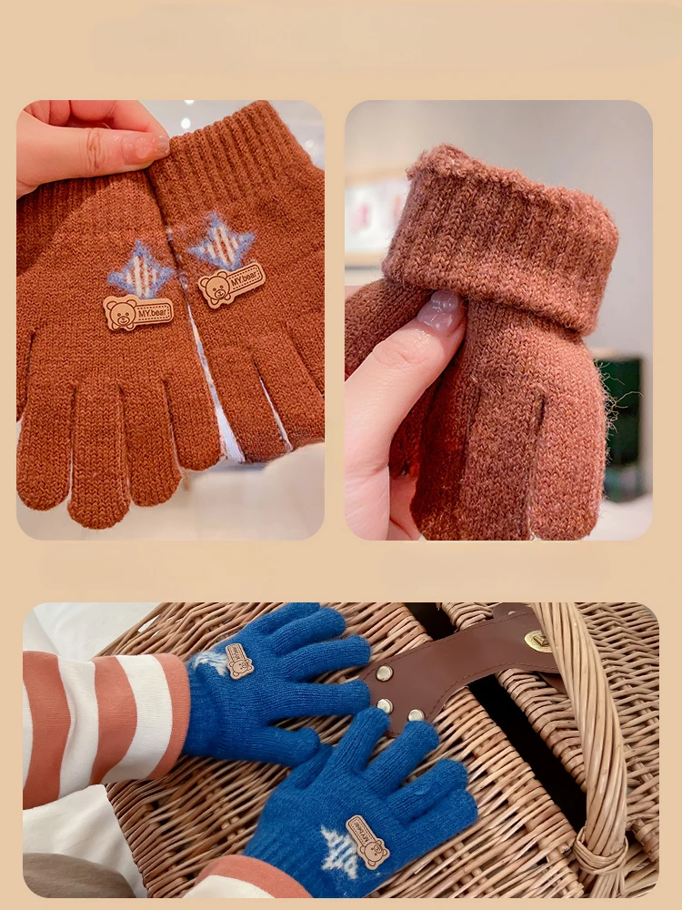 New Children Winter Knitting Football Bear Plush Soft Five Finger Gloves Baby Boys Outdoor Warm Gloves Kids Colors