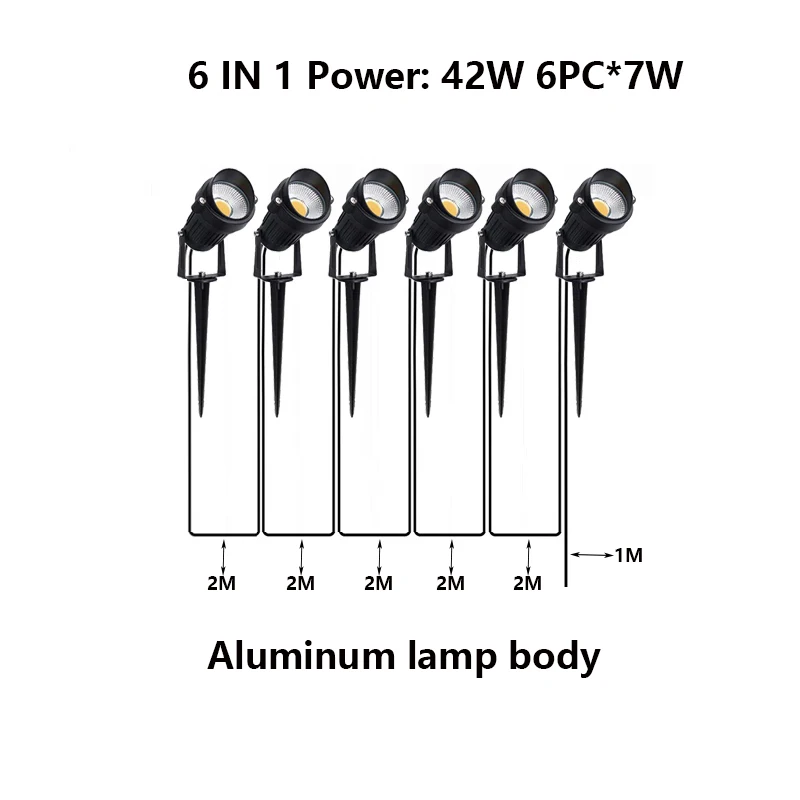 2 Meter Wire Garden Lights Waterprof  LED Lawn Lamp 2-4-6-8 IN 1 14W42W56W Landscape Decoration Spike Spotlights DC24VAC110V220V