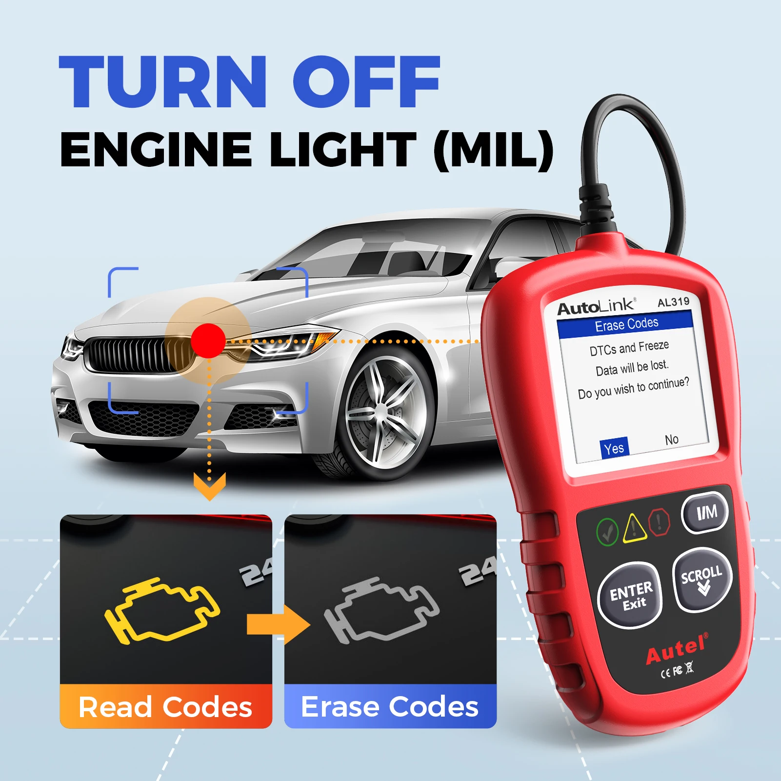 Autel AL319 Code Reader OBD2 Diagnostic Scan Tool One-click I/M Readiness Key for Check Engine Light Turn-off Freeze Frame Data 4