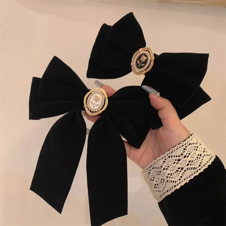 

Fairy Retro Velvet Black Bowknot Pearl Large Spring Clip Back of The Head Decorative Hair Clips for Women Girl Hair Accessories
