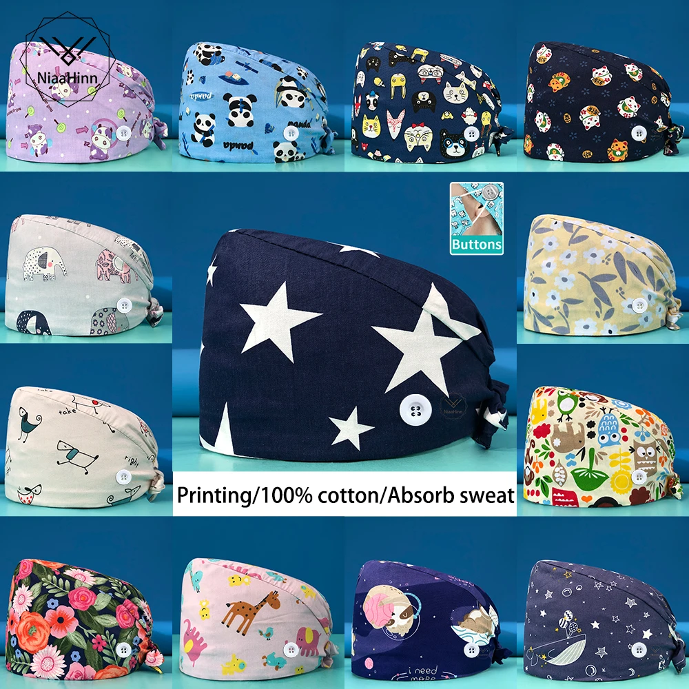 

Medical Accessories Adjustable Cartoon Print Hats Dental Clinic Absorb Sweat When Working Outdoors Pet Hospital Doctor Scrub Cap