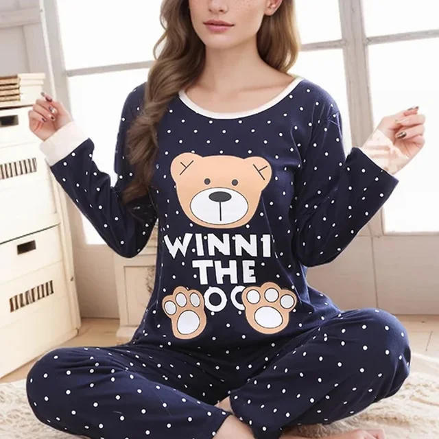 Ladies Pajamas Long Sleeved Cartoon Bear Student Casual Wear Set Easy to Wash Pullover Top and Pants Two-Piece Set Sleepwear 2
