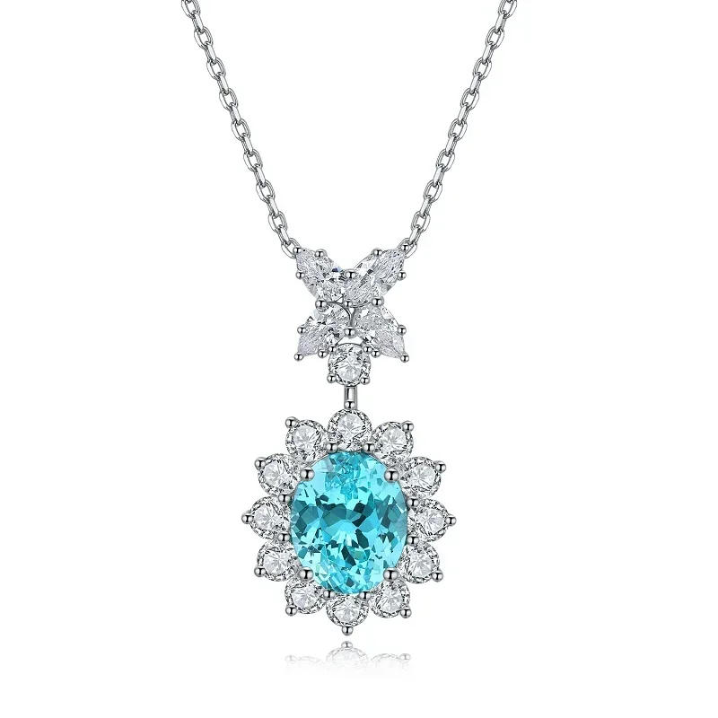 

RUIF S925 Silver 5.79ct Lab Grown Paraiba Sapphire Pendant Necklace Lab Gemstone Jewelry Women