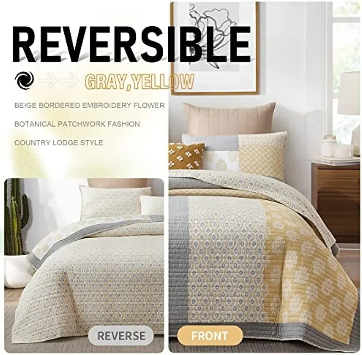 100% Cotton Lightweight Queen Quilt Set, Yellow Grey White Reversible Soft Queen Quilt Bedding Set All Season, 3 Pieces
