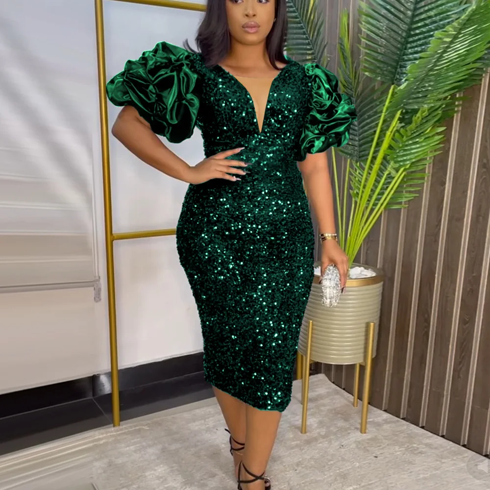 

High-quality Luxury Elegant Temperament Layered Half-sleeved Sexy V-neck Piled Sleeves High Waist Sequin Party Evening Dress