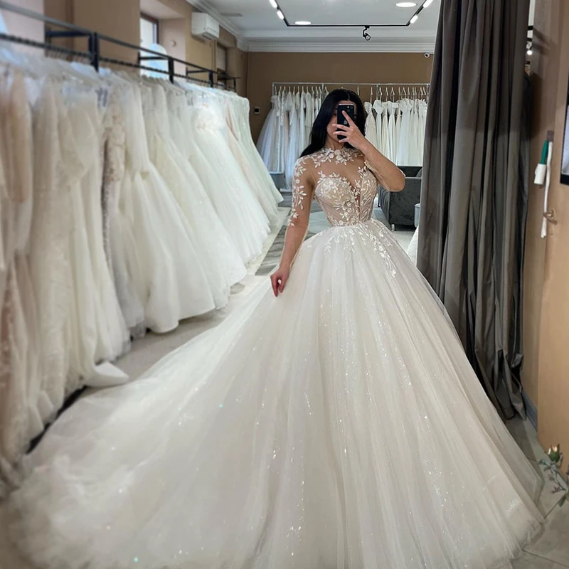 

Simplicity Wedding Dress Organza Satin With Embroidery Lace Ball Gown A-Line Full Sleeve O-Neck Bride Dress Vestido De Novia But