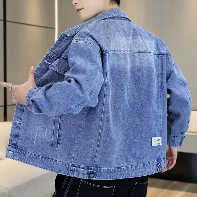 

Denim Jackets Man Blue Button Wide Shoulders Jeans Coat for Men Autumn Aesthetic Washed Y2k Casual Size L Vintage Lxury Branded