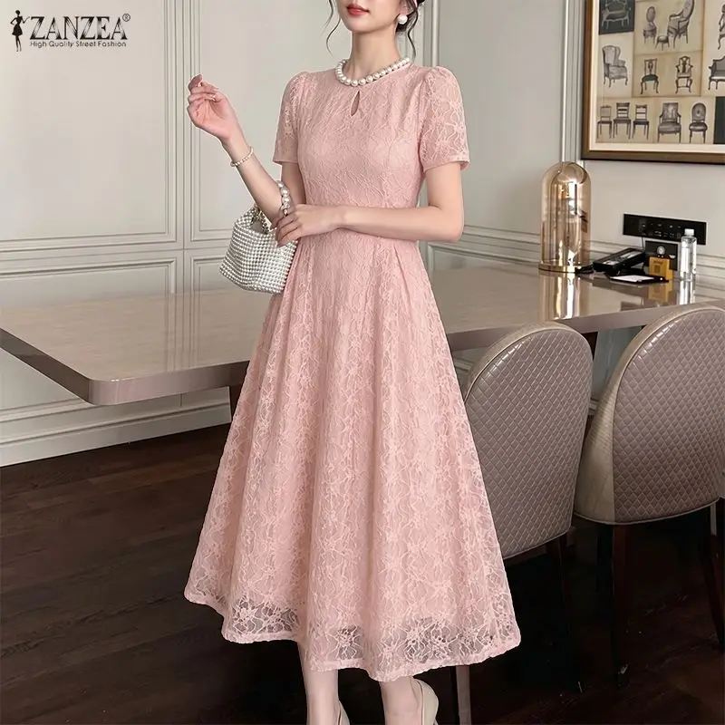 Women Elegant Lace Patchwork Party Dress ZANZEA 2026 Summer Sundress Stylish Short Sleeve Hollow Out Embroidered Work Dresses 1