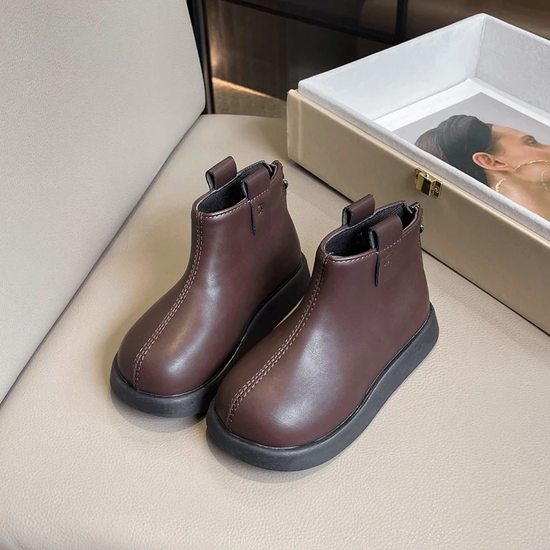 Children Ankle Boots Fashion Korean Style Kids Leather Boots Soft Bottom 2025 Autumn Winter New Girls Short Boots Round Toes