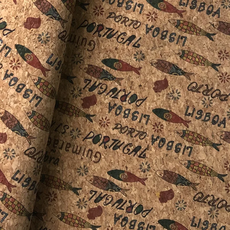 1PCS 69cmX50cm Good Brown Faux Leather Fabric Cork Tree Grain Fish/Cat Printing Pu Leather Sewing Material Diy Shoes/Craft/
