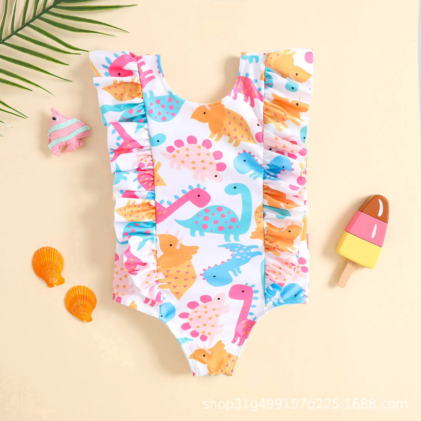 

Fashionable girls swimsuit creative cute dinosaur printed ruffle One-piece swimsuit girls hot spring beach swimsuit