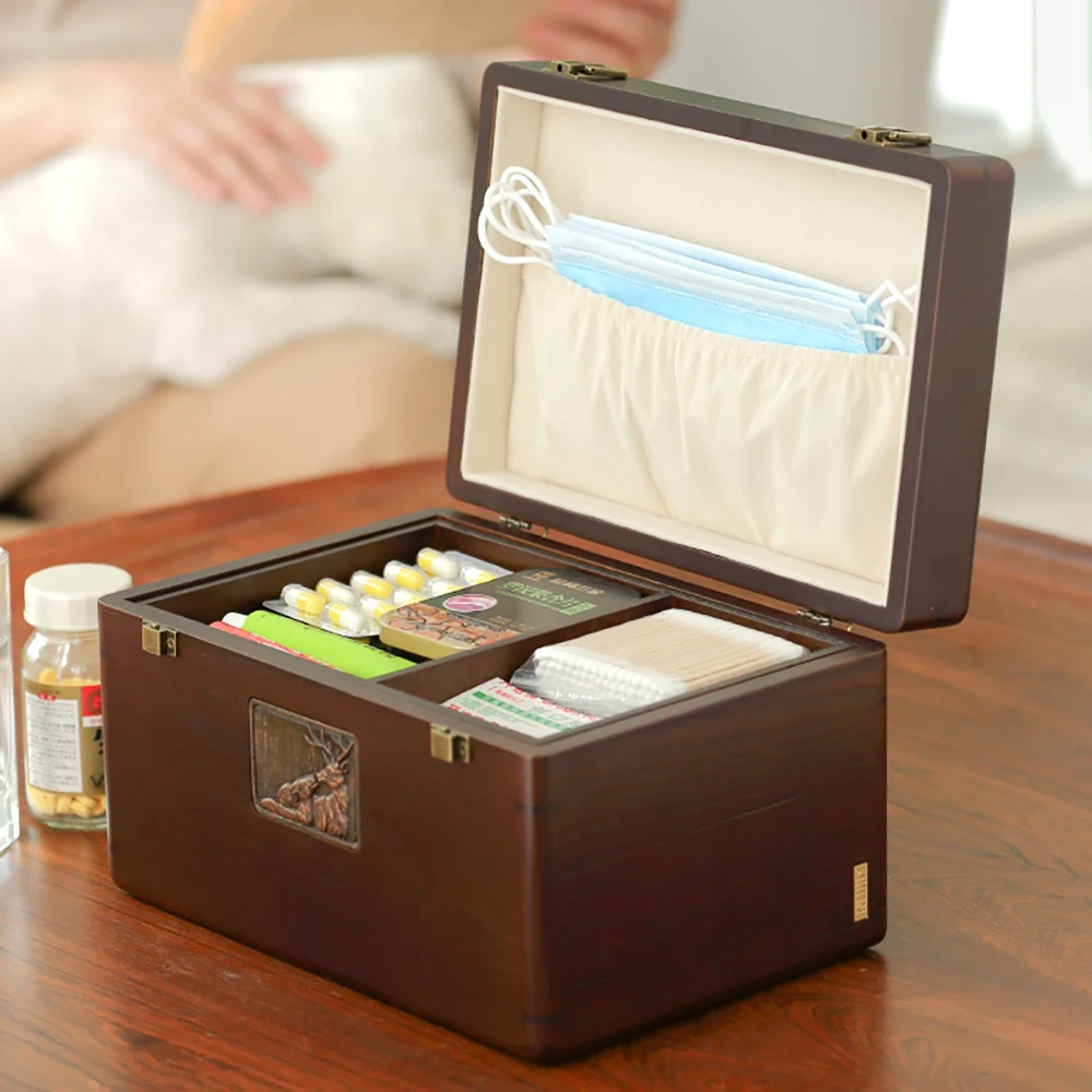 Luxury Wood Medicine Box Organizer Double Layer Portable First Aid Kit Pillboxes Large Capacity Storage Box Household Pill Case 4