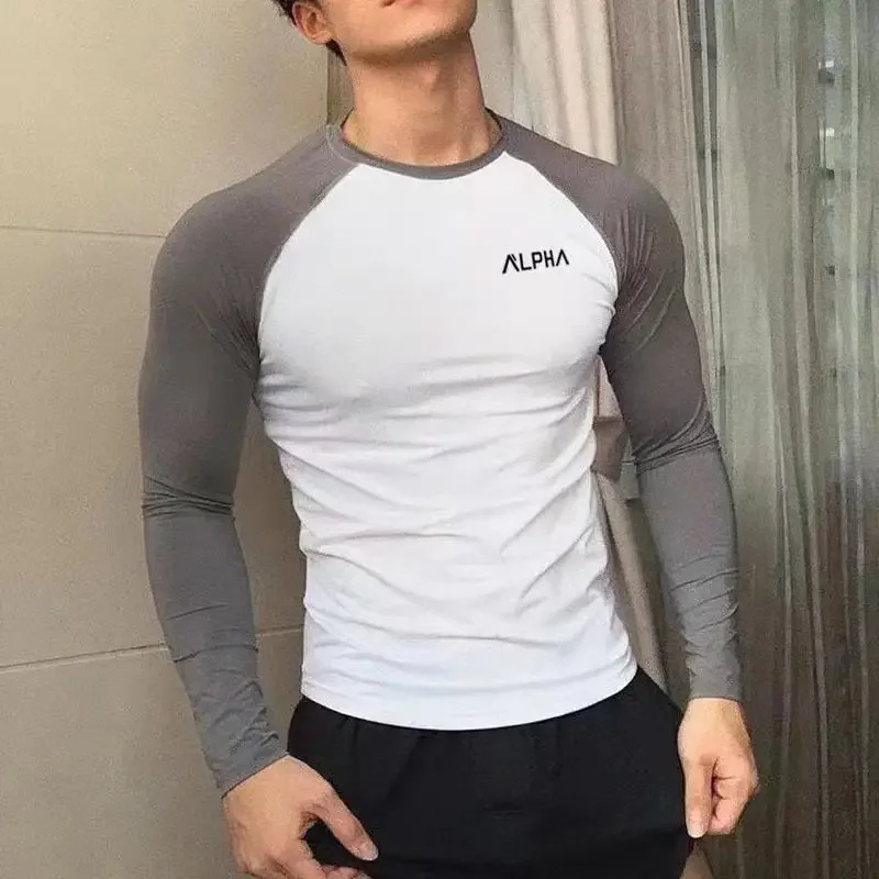 Vestiti maschili top in poliestere elasticità magliette Slim Fit per uomo palestra nera stretto Running Harajuku Fashion Bulk Full Sleeve Tee F - immagine 3