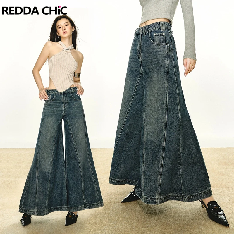 

ReddaChic Patchwork Vintage Oversized Denim Pants Women Brushed Blue Baggy Jeans High Rise Wide Leg Casual Korean Y2k Streetwear