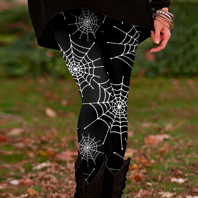 Halloween Leggings Womens Spider Web Black Gothic Stretch High
