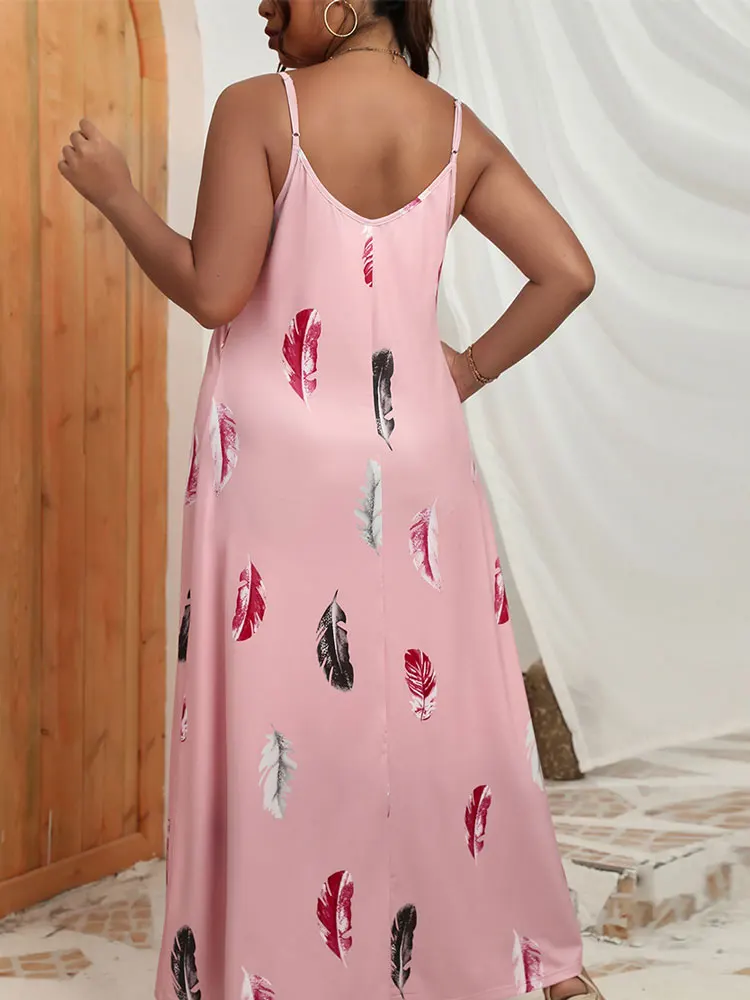Women's Elegant and Pretty Long Polyester A-line Dresses Suspenders Party Feather Pattern Pink Print Casual New Plus Size 2024