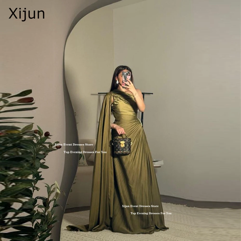 Xijun Green Long Evening Dresses One Shoulder Cape Sleeves Prom Dresses A-Line Pleats Crystal Saudi Arabric Prom Gowns