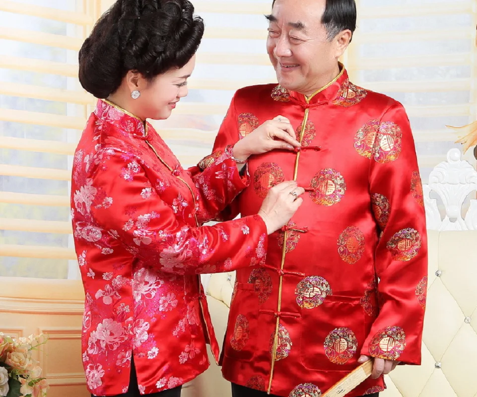 Chinese Traditional Costume Birthday New Year Party Wedding Men Women Tang Suit Satin Embroidered Flowers Jacket Casual Coat men chinese style shirt hanfu jacket