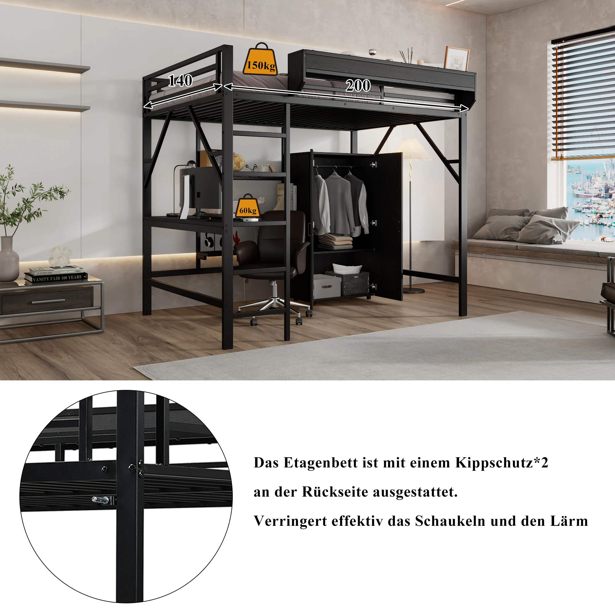 Eisenbett, Hochbett, Doppelstockbett mit Stauraum unter dem Schreibtisch, Oberbett mit Stauraum, mit Kleiderschrank, Eisen + MDF, schwarz, 140x200cm – Detail 10