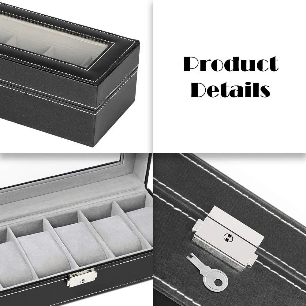 Watch Storage Box Leather Storage Box 6Slot Leather Watch Box Organizer Mens Watch Display Case Jewelry Storage Holder
