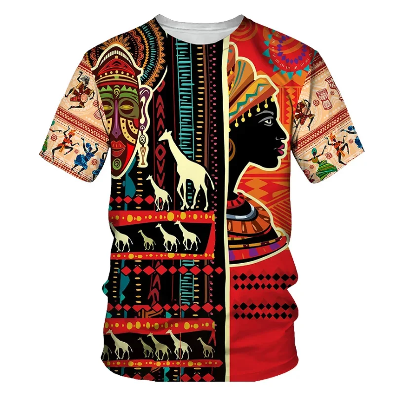 Camiseta con patrón de danza africana para hombres y mujeres, camiseta con estampado 3D de tendencia Retro, camisetas informales de verano con cuello redondo, camisetas de manga corta de gran tamaño 1