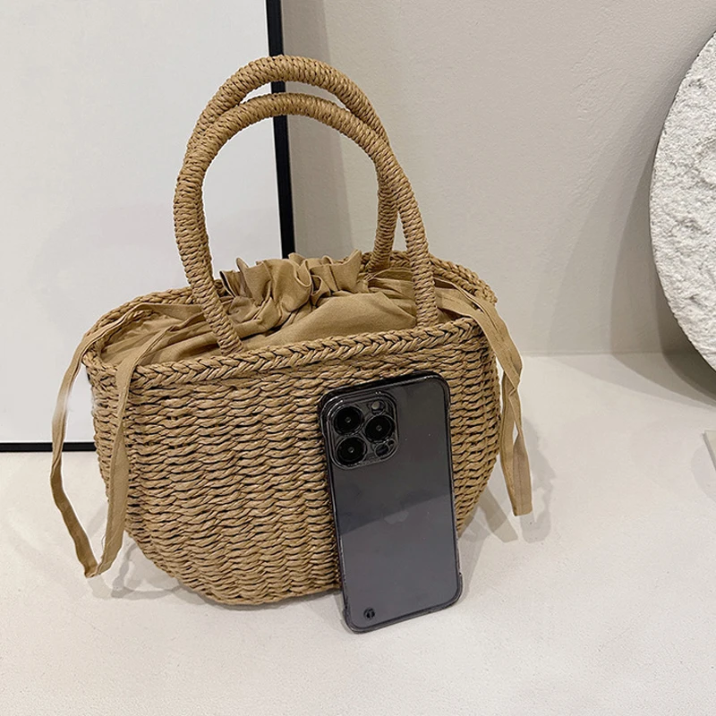 Drawstring Straw Bag for Women Top Handle Bag Summer Beach Woven Boho Bag Rattan Large Capacity Tote Bag Ladies Shopper Clutch
