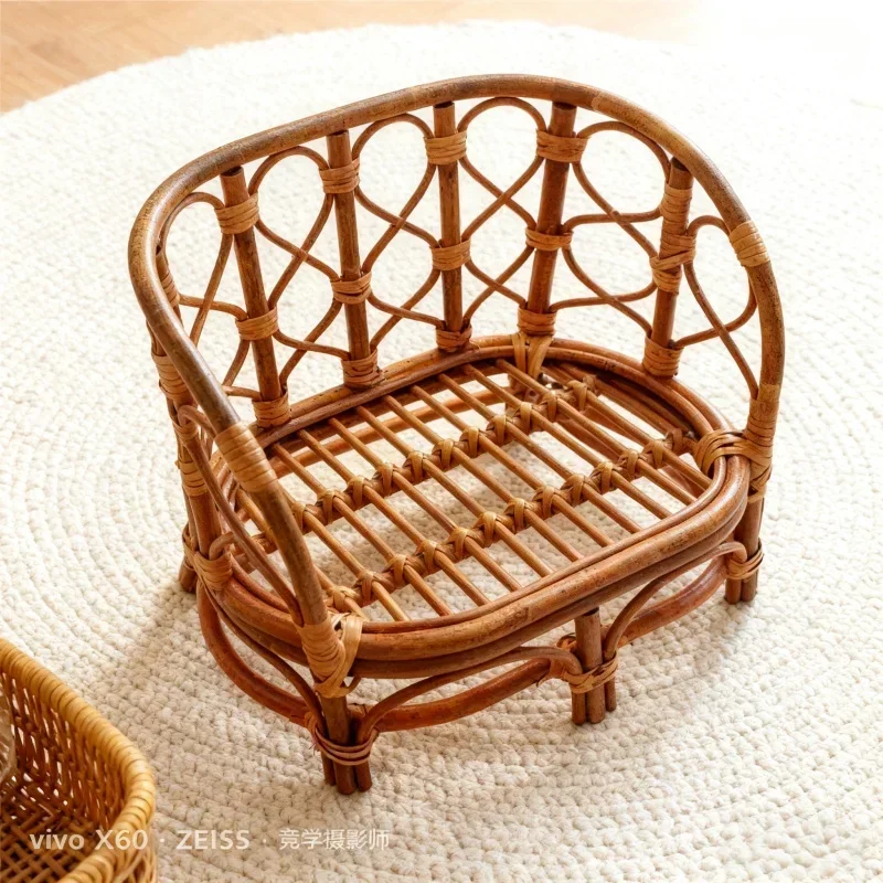 Newborn Infant Photo Shoots Props 1pc Retro Handwoven Rattan Baby Basket Sofa Chair Wooden-like Studio Photography Accessories