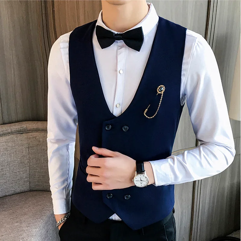 Mens Suit Vest New Double Breasted Solid Color Business Casual Formal Wear High Quality Brand Fashion Mens Clothing Dress Vest
