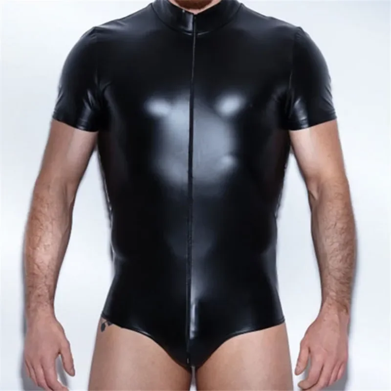Men Bodysuit Latex Leather Short Sleeve Catsuits PU Leather Zipper Lingerie One Piece Underwear