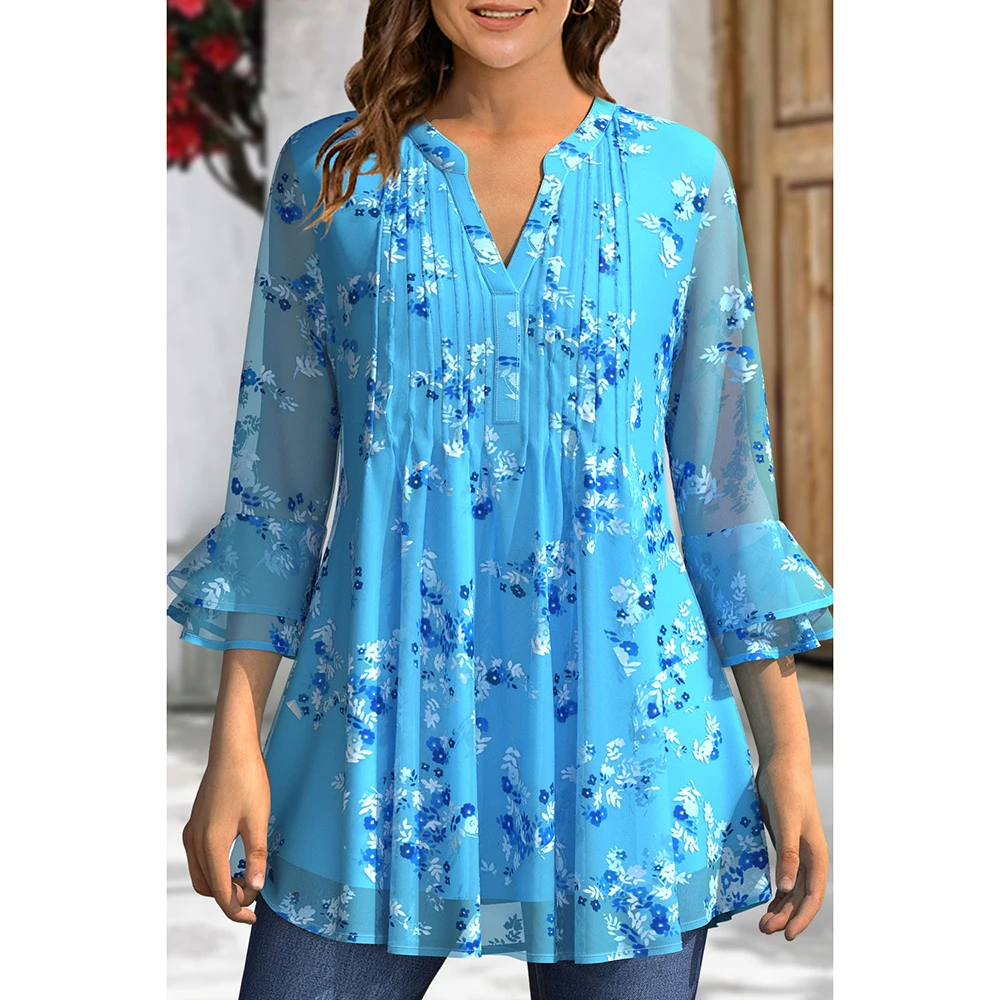 

Plus Size Dressy Blue Chiffon Floral Print Pleated Double Layer Ruffled Cuff 3/4 Sleeve Blouse