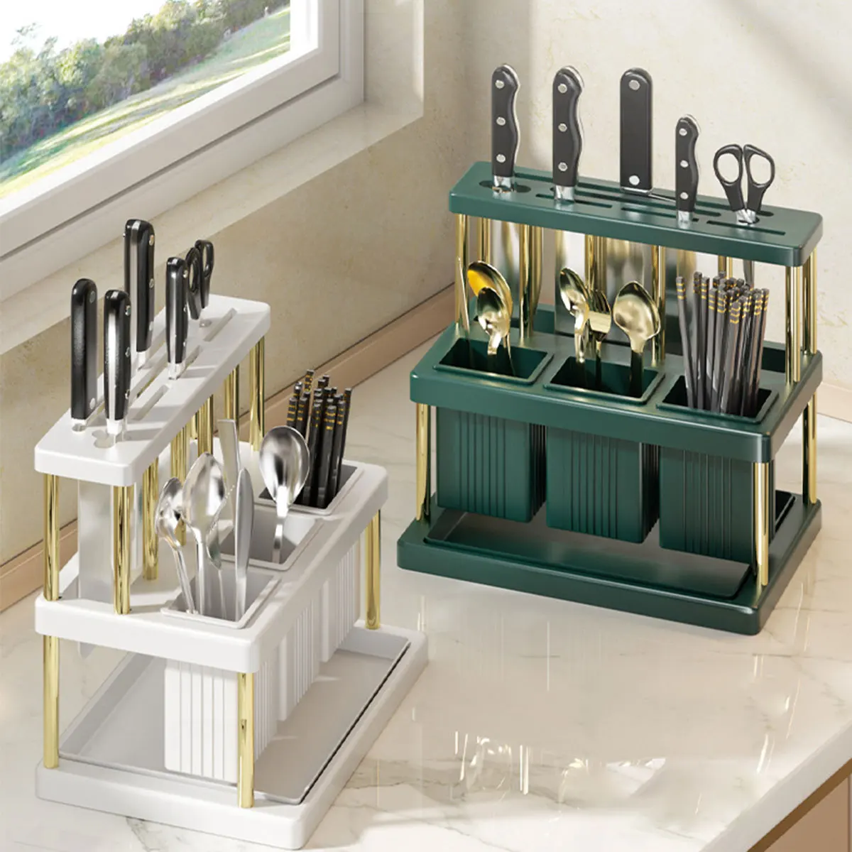 Kitchen Cutter & Cutlery Drying Rack Multifunctional Holder Space Saving Utensil Holder with Removable Water Catch Tray Storage