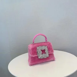 Autumn Winter Faux Fur Square Bag Women Handbag Crystal Shiny Diamonds Evening Bag Wedding Party Clutch Purse Crossbody Bag