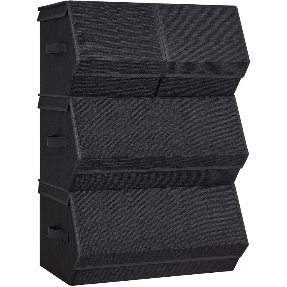 

SONGMICS Set of 4 Stackable Storage Bins with Magnetic Closures, Fabric Storage Boxes with Lids, Storage Containers in Wardrobe