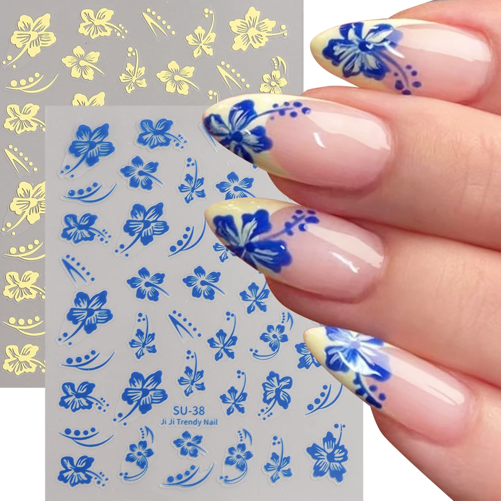 3D Blue Hibiscus Nail Art Stickers Yellow Hawaiian Flowers Decals Golden Floral Sliders Nail Charms Manicure Decors LEBSU-38 nail stickers,nail art decoration
