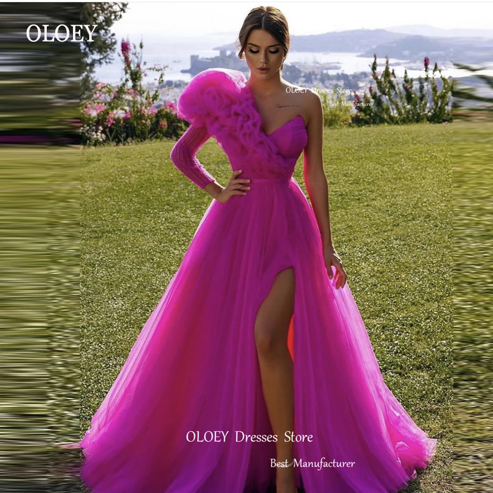 

OLOEY Fuschia Tulle Long Prom Dresses Arabic Women One Shoulder Ruffles Split Evening Gowwns Formal Party Dress Vestido de noche