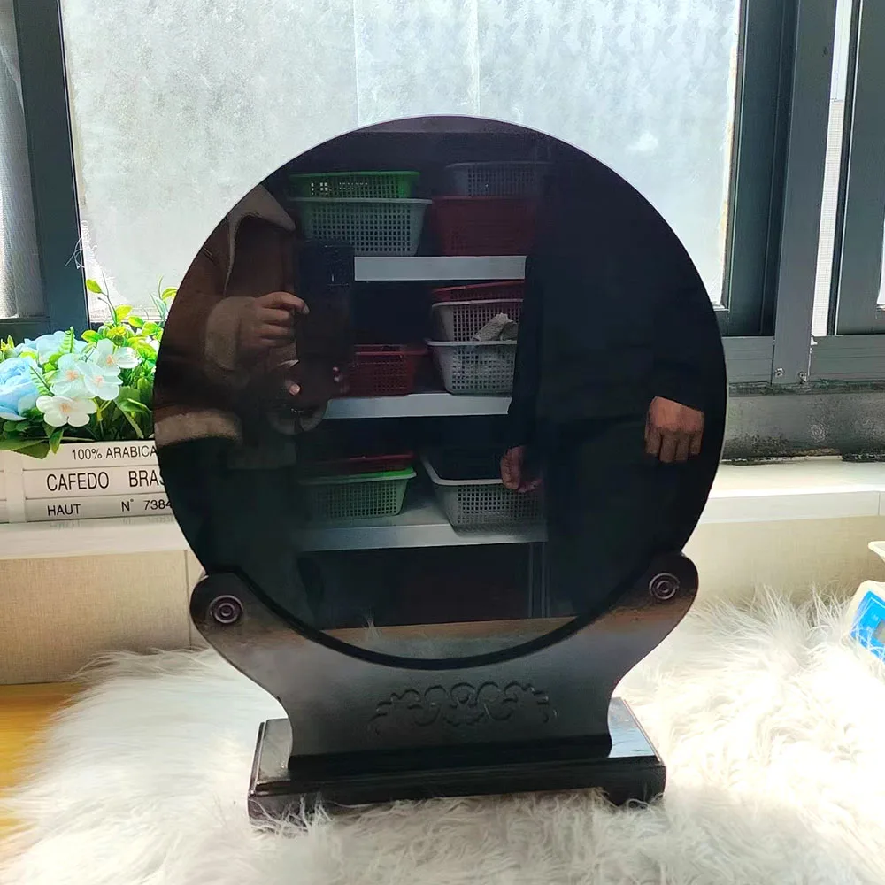 Piedra De Obsidiana Negra Pulida - Espejo Circular Para Meditación, Decoración O Protección Energética. Con Soporte Incluido.