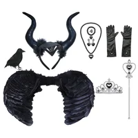Vintage Wings Black Angel Costume Witch Devil Horns Hair Hoop Set Decorations Feather Black Swan Cosplay Halooween Accessories 2