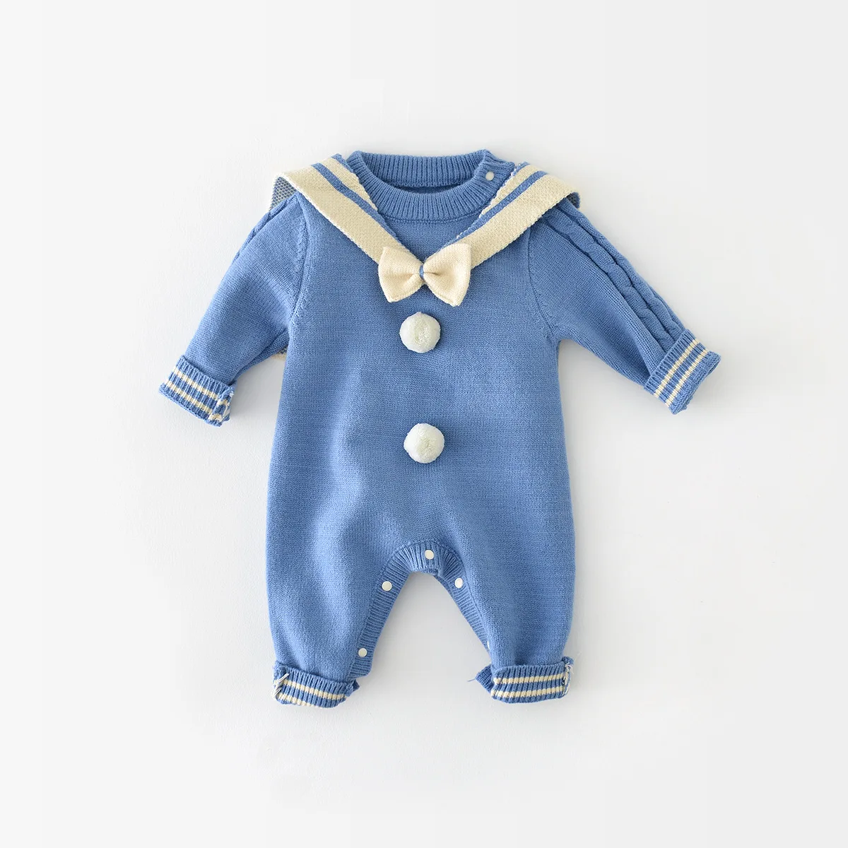 

0-2Y Baby Sweater Jumpsuit Autumn Winter Baby Boys Girls Long Sleeve Knitted Romper Infant Navy Lapel One Piece Climbing Clothes