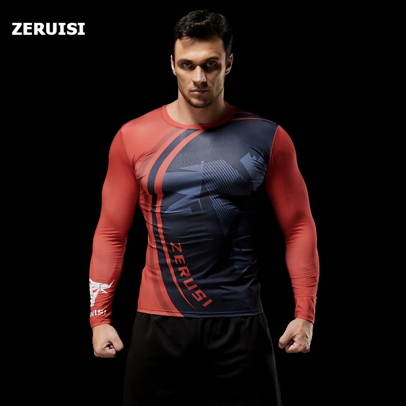 Langärmliges 3D-gedrucktes Kompressions-T-Shirt für Herren, schnell trocknende T-Shirts für Fitnessstudio, Fahrradbekleidung