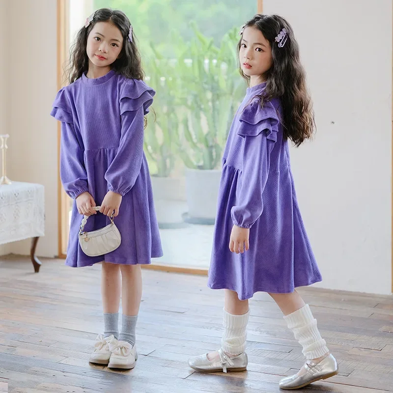 

Girls Dress 2024 Korean Style Children Corduroy Clothing Purple Kids Thickened Flying Sleeves Princess Dresses, #7502