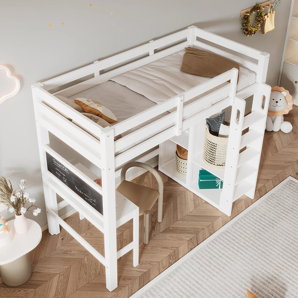 KOMHTOM Weißes Kinderhochbett 90x200cm, Mit Schreibtisch, Offenem Kleiderschrank, Regalen, Rausfallschutz (ohne Matratze) – Detail 4