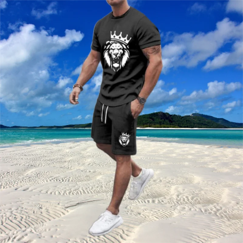 

3D Print Lion Sports Beach Shorts Tracksuit Male Clothes Fashion 2 Piece Streetwear Men's Sets Summer Short Sleeve T-Shirt Suit