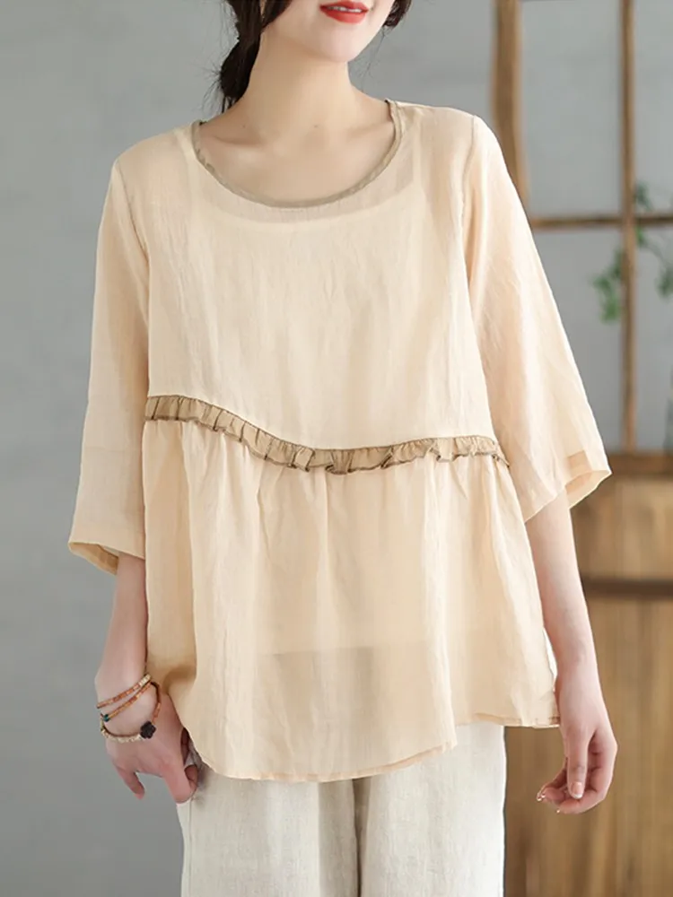 

Женские летние повседневные блузки, рубашки, Новое поступление 2023, простой стиль, круглый вырез, рукав до локтя, свободные женские базовые Топы, рубашка B2427