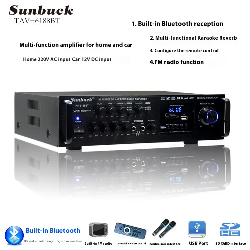 

AV-6188BT 12V 220V Bluetooth Sound Amplifier Support Microphone input USB SD FM AUX Digital Audio Stereo Amplificador Speaker