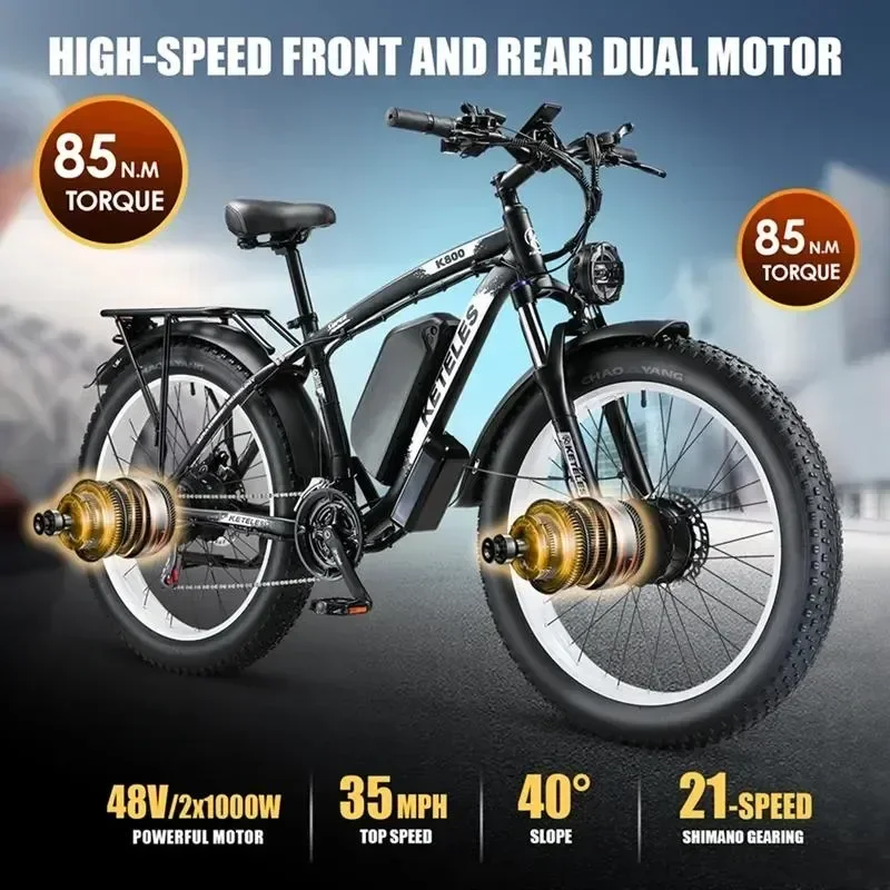 

K800-2000W48V23AH EBike 26X4.0 Inch Electric Bike Dual Motor Two Wheel Drive Battery Off-Road Fat Tire Mountain Electric Bicycle