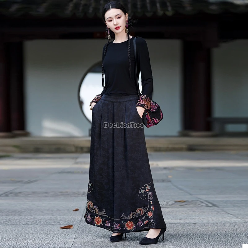 chinese national style embroidery wide leg pants women casual straight pants loose retro style elastic waist t001