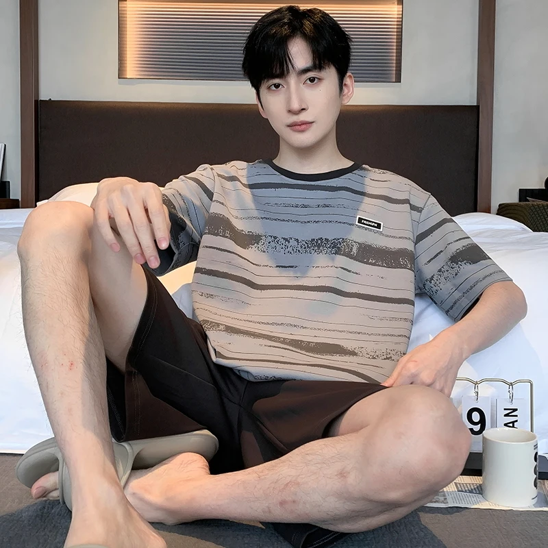 New Fashion Cotton Men's Short Sleepwear Summer O Neck Short Sleeping Top Pant Home Clothes Young Boy Pjs Pyjamas Homme
