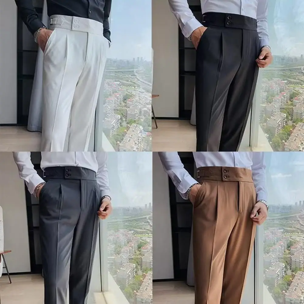 Men Formal Trousers Classic Men's Office Trousers Slim Fit High Waist Vintage Pockets for Formal Business Style Straight-leg